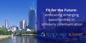 Advert for Melbourne Scholarly Summit 2019, featuring Melbourne cityscape