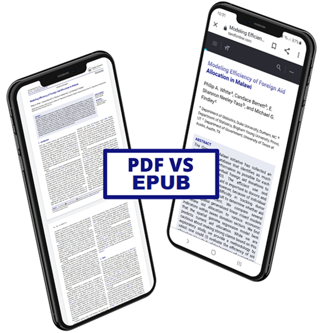 Image showing PDF on a mobile phone versus EPUB on another mobile phone